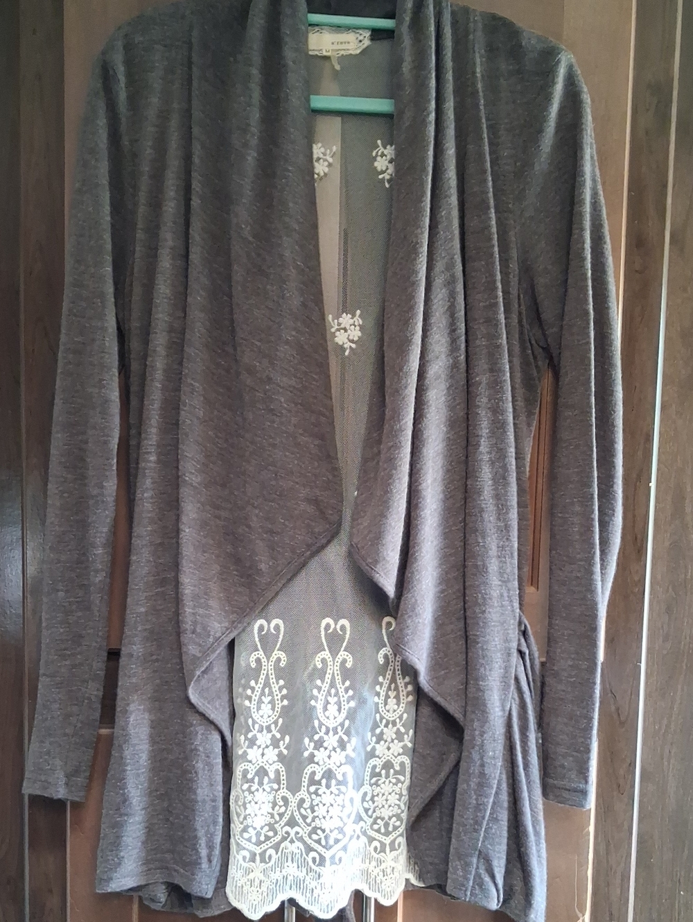 Women's Gray Open-Front Cardigan with Lace Trim And Back